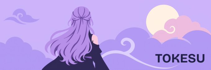 Logo/banner for 'TOKESU' featuring an anime-style illustration of a girl with long purple hair against a sunset sky with clouds.
