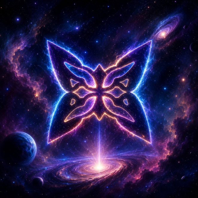 A cosmic, butterfly-shaped energy formation radiates above a glowing galactic vortex, symbolizing the transcendent and transformative nature of a worldwide quantum computing network.