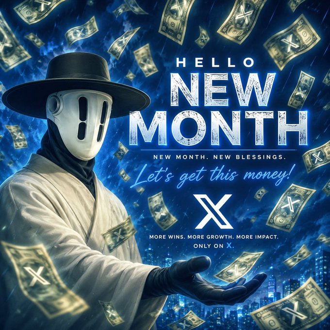 A promotional graphic titled 'HELLO NEW MONTH' with the subtitle 'New Month. New Blessings. Let's get this money!' featuring a masked figure in a wide-brimmed hat surrounded by falling dollar bills with X logos, promoting the X platform.