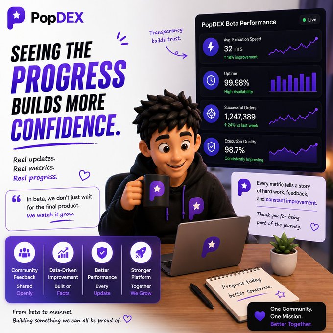 A PopDEX promotional graphic titled 'SEEING THE PROGRESS BUILDS MORE CONFIDENCE' featuring a cartoon character holding a mug and Beta Performance metrics including 32 ms execution speed, 99.98% uptime, and 1,247,389 successful orders.
