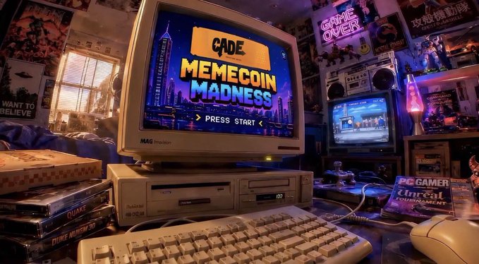 A retro-style scene showing an old CRT monitor displaying 'CADE MEMECOIN MADNESS PRESS START' surrounded by video game boxes, magazines like 'PC GAMER', and gaming paraphernalia.