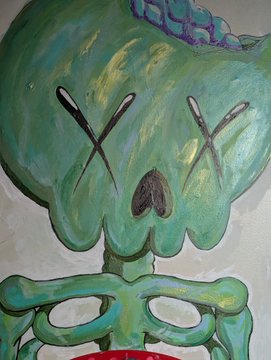 A painted artwork of a green skull with X-shaped eyes, reminiscent of cartoon characters like Patrick Star, featuring a small blue creature on top and a red tongue below.