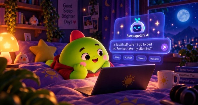A cute green cartoon character on a bed at night uses a laptop displaying 'Sleepagotchi AI' with the question 'Is it still self care if I go to bed at 3am but take my vitamins?!' along with Sleep, Nutrition, Fitness, and Wellness options.