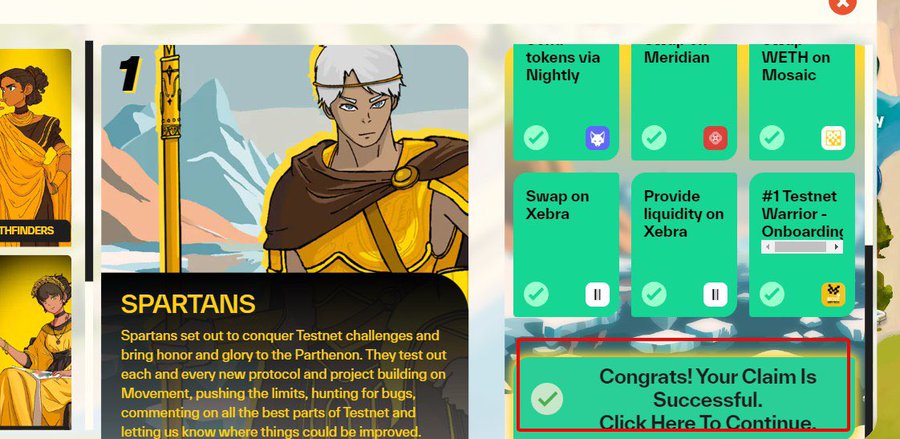 A Spartans-themed crypto testnet quest page showing completed tasks (tokens via Nightly, Meridian, WETH on Mosaic, Swap on Xebra, Provide liquidity on Xebra, #1 Testnet Warrior), with a highlighted 'Congrats! Your Claim Is Successful' button.