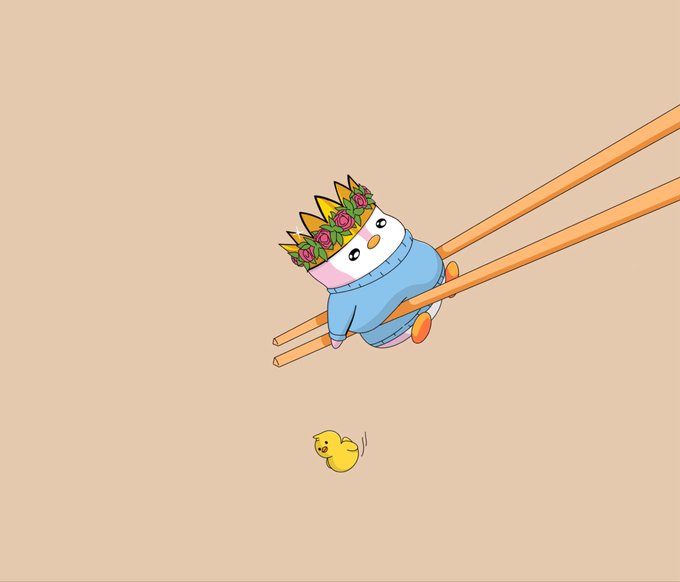 An illustration of a cute cartoon character wearing a flower crown and blue sweater being held up by chopsticks, with a small yellow chick below.