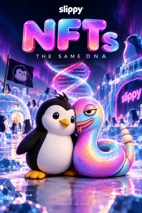 A vibrant promotional poster for 'slippy' NFTs, featuring a cartoon penguin and worm character embracing with a DNA helix, with 'slippyclub.com' at the bottom.