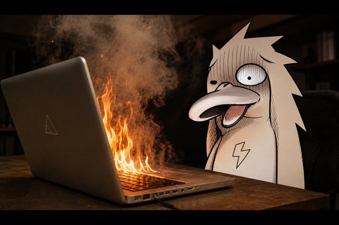 A startled cartoon bird character reacts with a wide-open beak as flames and smoke pour from a laptop on a desk.