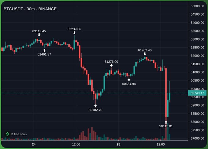 A 30-minute BTC/USDT candlestick chart from Binance shows a sharp selloff from around $63,239 down to a low of $58,115, with the current price near $59,740 — illustrating the volatile downturn that aligns with the post's sardonic "Having fun yet?" remark amid a dramatic crypto market drop.