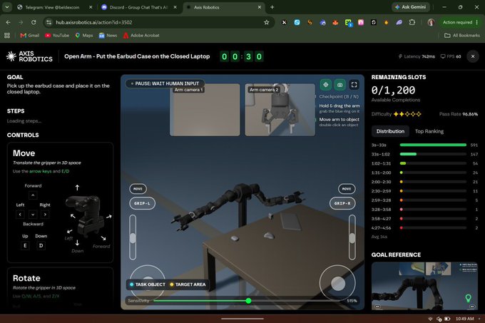 A screenshot of the Axis Robotics website showing a 3D simulation interface titled 'OpenArm - Put the Earbud Case on the Closed Laptop' with controls for moving and rotating a robotic gripper.