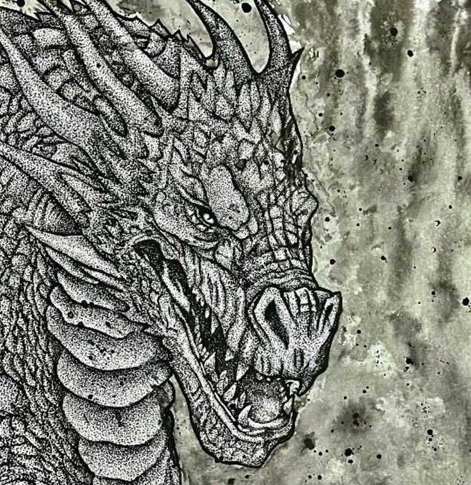 A highly detailed black and white ink drawing of a fierce dragon's head with intricate scales and spikes, set against a textured, splattered gray background.