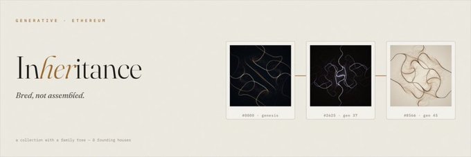 A promotional banner for "Inheritance," a generative Ethereum NFT collection, displays the tagline "Bred, not assembled" alongside a family tree of three preview artworks (#0000 genesis, #0425 gen 37, and #0864 gen 61), illustrating how each piece is algorithmically bred from its ancestors, supporting the post's claim of a limited 2,096 piece collection offering whitelist spots.