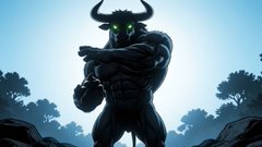 A dark, muscular, bull-headed creature with glowing green eyes stands aggressively in a rocky, silhouetted landscape.