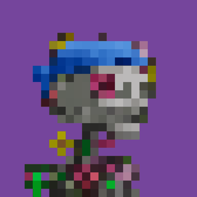A pixelated, low-resolution image showing a figure with a gray and pink face wearing a blue hat, set against a solid purple background.