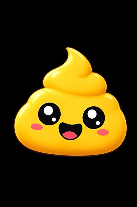 A 3D illustration of a smiling, cute yellow poop emoji with large eyes and pink cheeks against a black background.