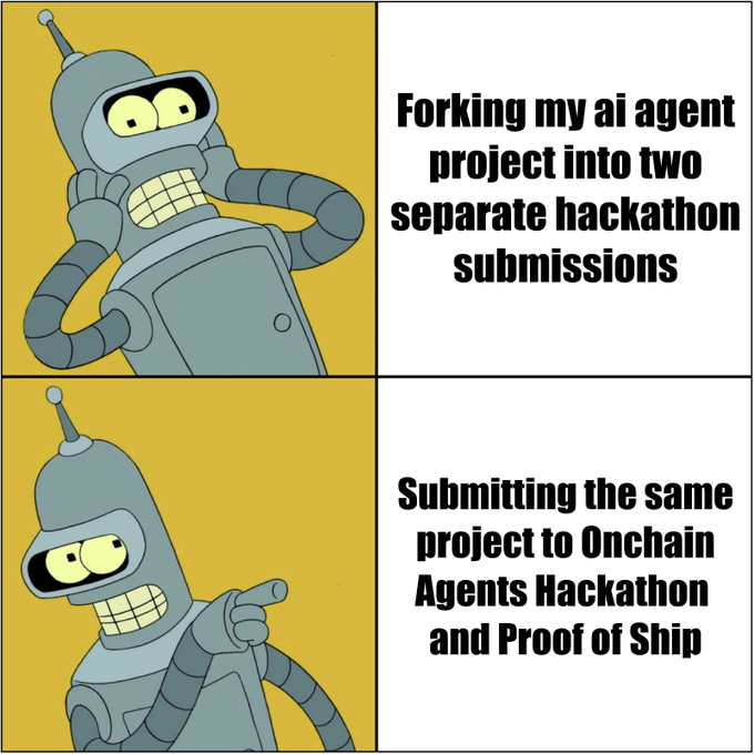 The image shows a cartoon robot with a speech bubble that reads "Forking my @Celo agent project into two separate hackathons submissions". The robot appears to be confused or frustrated by this situation, as if it doesn't understand why its projects are being split between two different hackathons.!