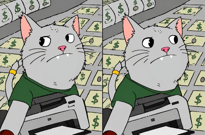 A side-by-side comparison of an animated gray cat wearing a green shirt, with nearly identical scenes showing the cat behind a counter with dollar bills and a money tree in the background.