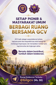 An Indonesian-language Pi Network promotional poster encouraging pioneers and the public to share space with GCV, featuring the text "Bersatu dalam kontribusi, tumbuh dalam kolaborasi" and a Telegram contact @bilgcv.