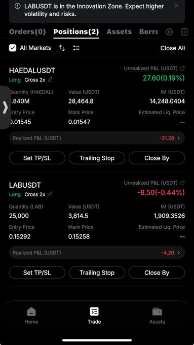 A mobile cryptocurrency trading app screen showing two open positions: HAEDALUSDT with an unrealized P&L of 27.80 (0.19%) and LABUSDT with an unrealized P&L of -8.50 (-0.44%).