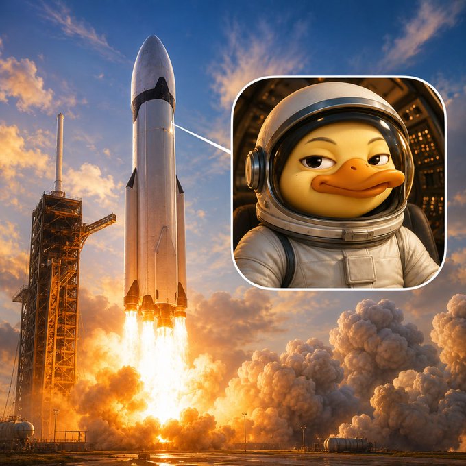 The image features an illustration of a rocket launching into space with a duck as its mascot. The rocket is depicted in motion, flying through the sky while the duck stands next to it. In the background, there are clouds visible, adding depth to the scene. The caption below the image provides context about the relationship between the rocket and the duck, stating that "There are no off days as a builder or a creator in CT or Web3, the systems underneath don't stop when you do". This implies that even on low-activity days, the ecosystem continues to generate signals related to the rocket's launch.