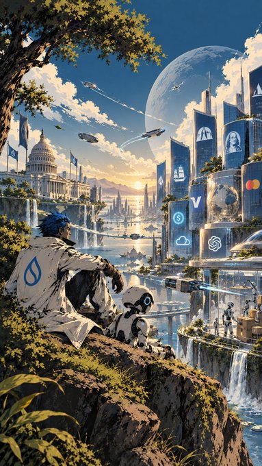 A futuristic cityscape illustration shows a blue-haired figure with a small robot sitting on a cliff overlooking a utopian city with waterfalls, flying vehicles, the U.S. Capitol building, and corporate logos.