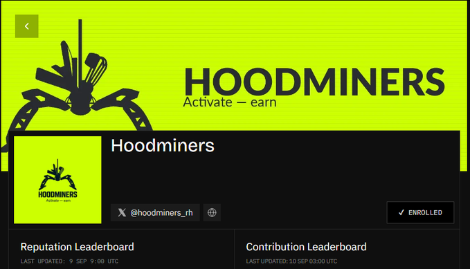 A screenshot of a webpage for 'HOODMINERS' with the tagline 'Activate - earn', showing a logo of a mining helmet and social media handle '@hoodminers_rh'.