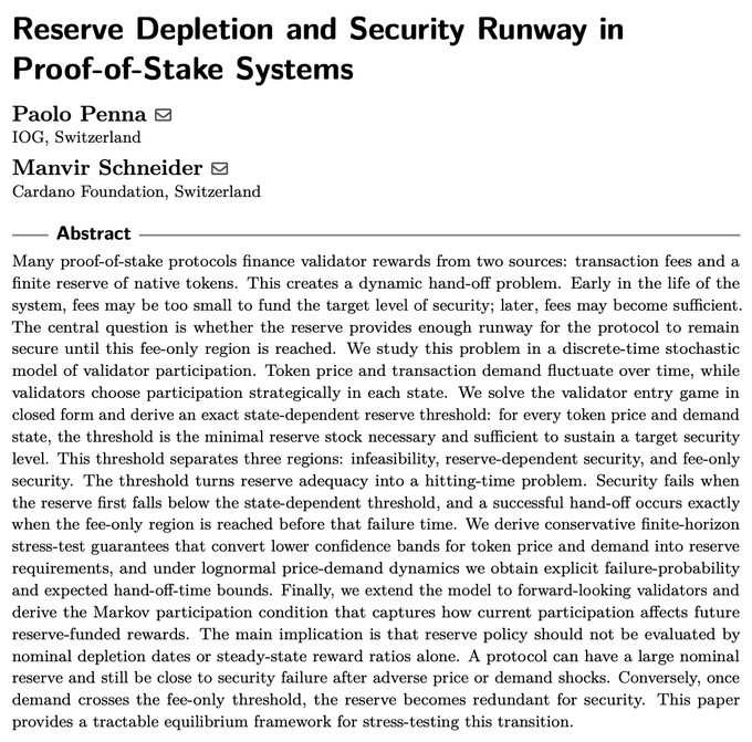 A screenshot of an academic paper titled 'Reserve Depletion and Security Runway in Proof-of-Stake Systems' by Paolo Penna and Manvir Schneider, including the abstract.