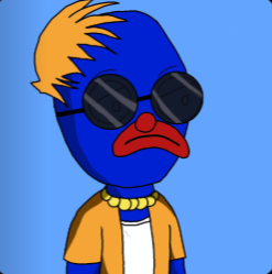 A cartoon blue duck character wearing sunglasses, an orange shirt, and a beaded necklace, serving as a mascot for the OZZLAB NFT giveaway promotion offering 5 guaranteed spots.