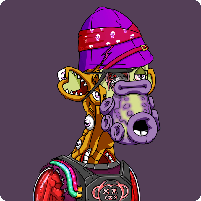 An orange, scarred ape with an exposed purple brain-like face and a large purple gas mask wears a pink skull-patterned beanie and a spiked jacket against a purple background.