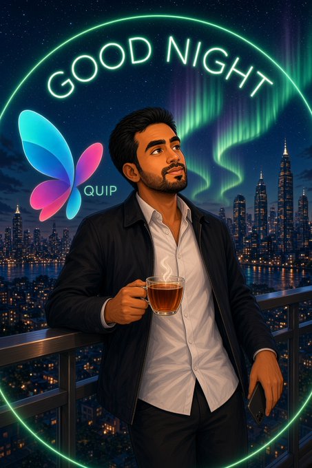 Digital illustration of a bearded man in a black jacket and white shirt holding a steaming glass cup, set against a nighttime city skyline with a glowing green aurora, labeled 'GOOD NIGHT' and 'QUIP' with a colorful butterfly logo.