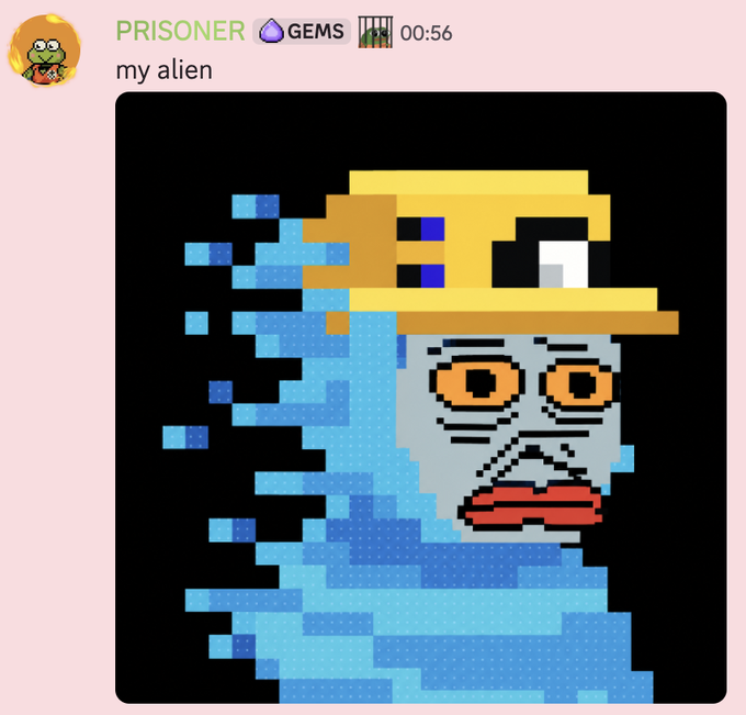 A digital pixel art piece titled 'my alien' by PRISONER, depicting a grey alien face with orange eyes and red lips wearing a yellow and brown cap, surrounded by blue pixelated waves, tagged as a GEMS entry with a 00:56 timer.