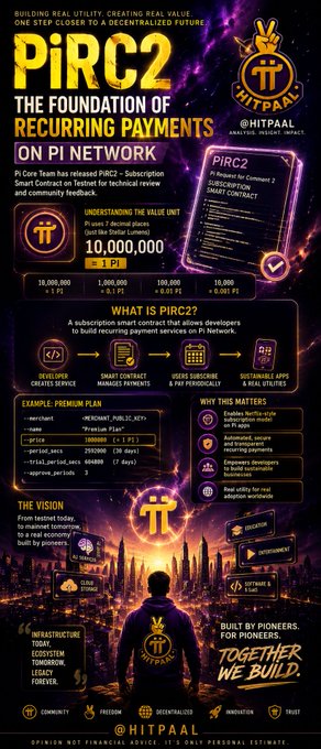 A promotional infographic for PiRC2 on the Pi Network (@HITPAAL), detailing a subscription smart contract, tokenomics with 10,000,000 tokens, premium plan features, and the project's vision.
