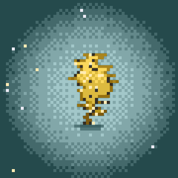 A pixel art animation of a small yellow creature floating or dancing against a dark teal dotted background.
