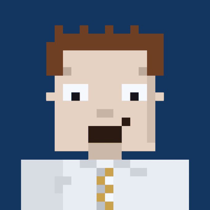 The image is a pixel art portrait of a smiling man with brown hair and a goatee, wearing a white shirt with a gold-tipped tie against a dark blue background. It appears to be a stylized avatar used to represent the ArcBrokerNFT account in their X5 airdrop promotion.