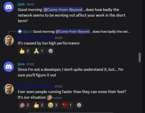 The image shows a screenshot of a chat message from someone named 'jsus'. In this conversation, there are two different posts that provide information about the #Qubic ecosystem. One post states that the Qubic ecosystem seems to be moving faster than we humans can handle, indicating a statement or fact related to this topic. The other post has three different emojis and exclamations, expressing surprise at how quickly things are happening in the ecosystem.