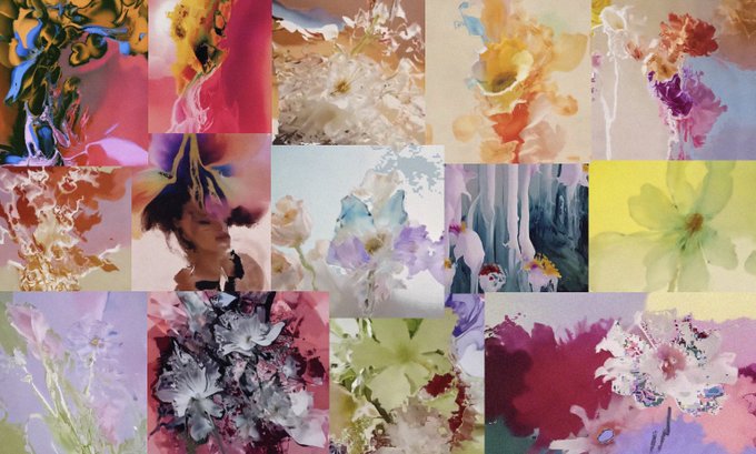 A collage of watercolor floral paintings featuring various abstract flowers in pink, yellow, purple, and green hues.