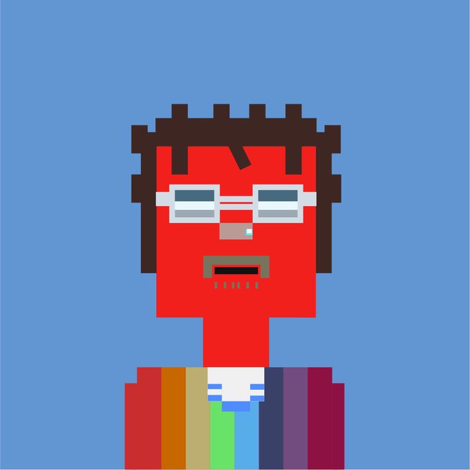 A pixel art portrait shows a red-faced character with dark dreadlock-style hair, white sunglasses, a gray mustache, and a goatee, wearing a multicolored striped suit jacket in shades of red, orange, yellow, green, blue, purple, and maroon over a white collared shirt with a blue tie, set against a solid blue background, illustrating the stylized "StonkBrokers" intern character whose artwork will be unveiled during the DJ set stream ahead of the mint launch on Robinhood Chain.