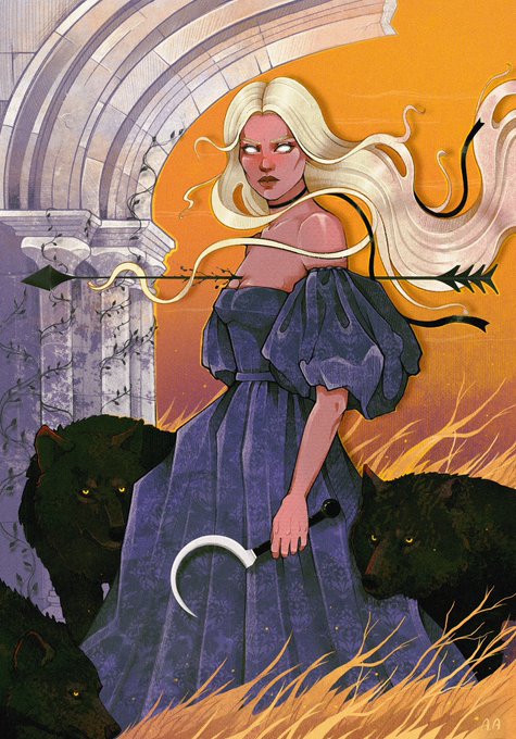 An illustration of a white-haired woman in an off-shoulder purple dress holding a scythe, standing before a stone archway with an arrow piercing her back, flanked by two black panthers against an orange background.