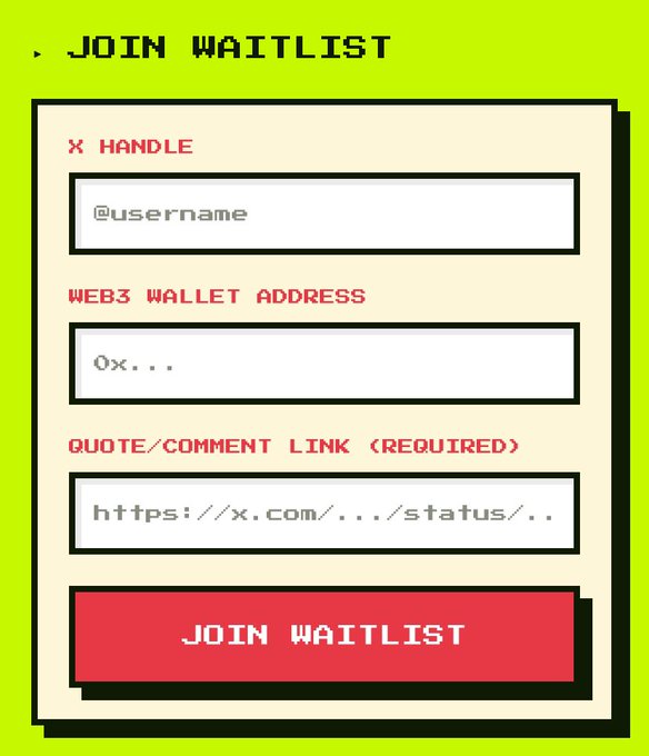 A pixel-art style "Join Waitlist" form featuring input fields for an X handle, Web3 wallet address, and a required quote/comment link, with a red submit button. The form corresponds to the RAVOX mint promotion, inviting users to apply via raven-pixel-gate.vercel.app within 24 hours to join the waitlist.