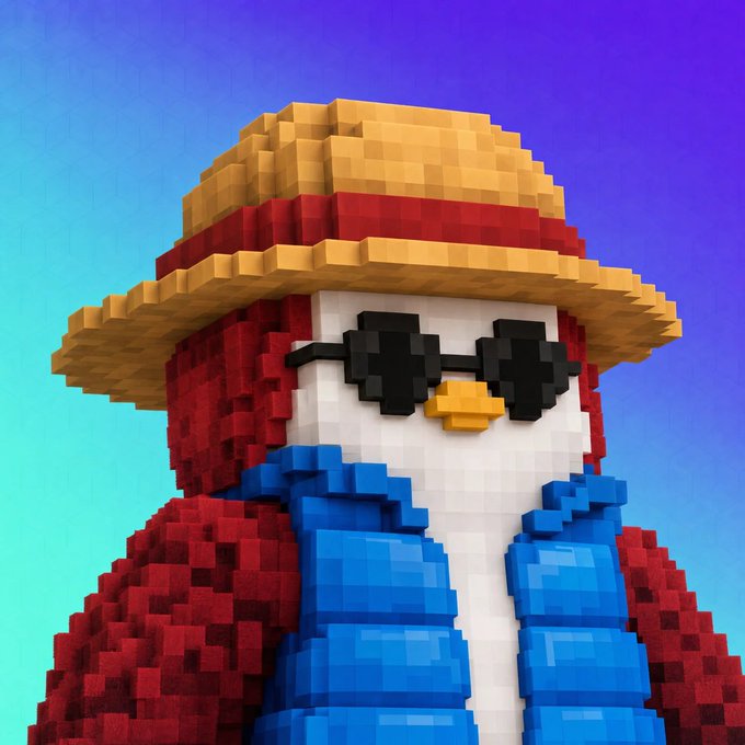 A 3D voxel-style rendering of an anthropomorphic penguin character wearing black sunglasses, a straw hat, a blue puffy vest, and a red patterned robe against a purple-to-blue gradient background.