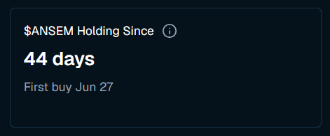 A dark card displays that $ANSEM has been held for 44 days, with the first buy made on June 27, illustrating the early conviction of one of the token's prominent supporters referenced in the post about @blknoiz06's powerful attention network around $ANSEM.