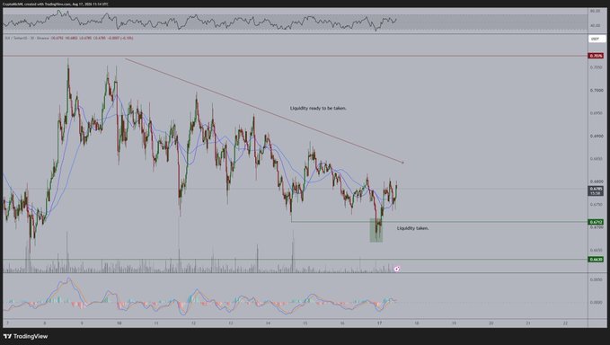 A TradingView chart of SUI/USD on a 4-hour timeframe displays a downtrend with annotations marking a descending trendline labeled "Liquidity ready to be taken," a recent liquidity sweep below the $0.67 level, and two horizontal price zones at $0.6738 and $0.6550, aligning with the analyst's commentary on potential long entries below $0.65 and resistance near $0.68.