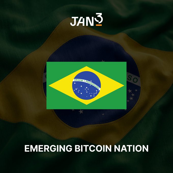 The image features the Brazilian flag overlaid on a darker Brazilian flag background, with the "JAN3" logo at the top and "EMERGING BITCOIN NATION" displayed at the bottom. This visual aligns with the post's message highlighting the country as a key emerging Bitcoin nation leading G20 discussions on sovereign Bitcoin reserves under Congressman Eros Biondini's leadership.