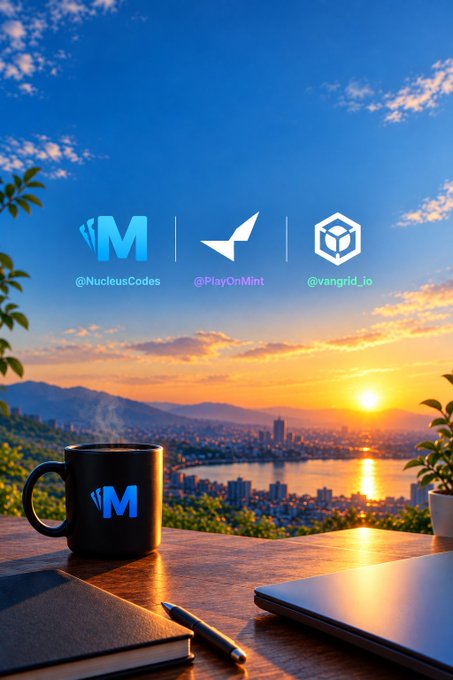 A promotional image featuring logos for @NucleusCodes, @PlayOnMint, and @vangrid_io overlaid on a sunset landscape with a branded mug in the foreground.