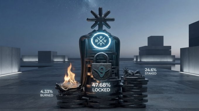 A futuristic digital monument displays the $PRXVT logo with three key tokenomics metrics: 4.33% BURNED, 47.68% LOCKED, and 24.6% STAKED. The visual illustrates the post's message about $PRXVT's deflationary token model, showcasing burning flames, a secured padlock, and stacked tokens as symbols of the locked, burned, and staked supply portions.