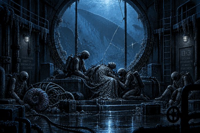 A detailed, dark digital illustration of divers in a deep-sea chamber looking out of a large circular window at a massive sea creature, with warnings like 'PRESSURE DEPTH KNOWLEDGE SILENCE' and 'OCEAN RESEARCH ALWAYS FURTHER' visible on the walls.
