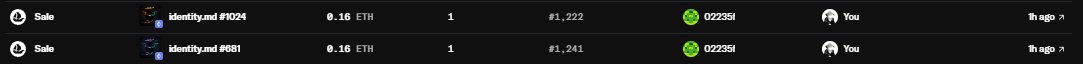 The image shows two "Sale" listings for "identity.md" NFTs, #1024 and #681, each priced at 0.16 ETH. This visually supports the accompanying post's discussion of NFTs and potential market fluctuations.