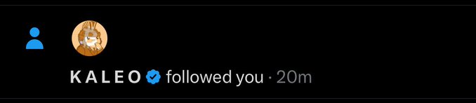 A notification showing "KALEO ✓ followed you · 20m" against a black background, indicating that the verified crypto influencer @CryptoKaleo just followed the account 20 minutes before the post asking followers for thoughts on sending everything higher on Sui.