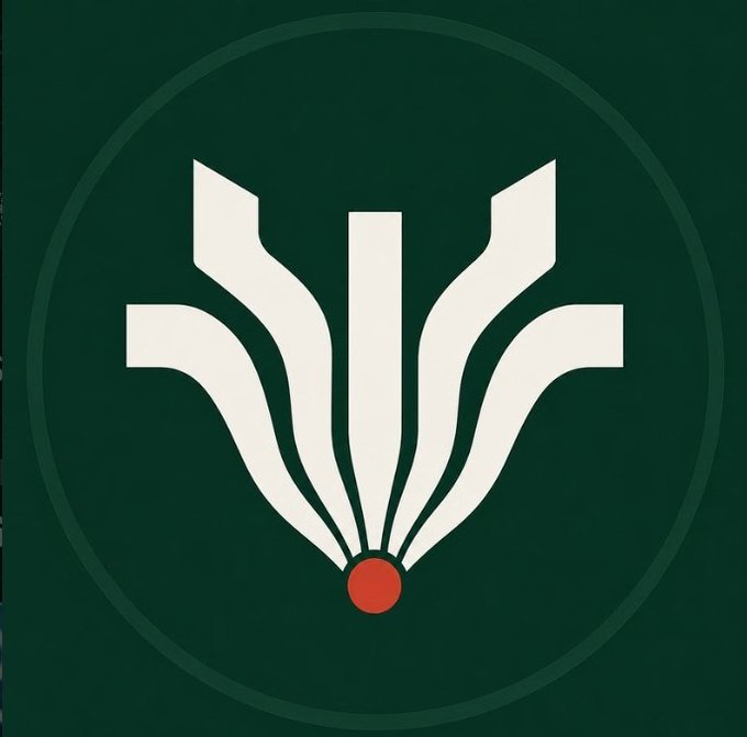 A minimalist logo design featuring a symmetrical white floral or fountain-like emblem with a small red circle at the bottom, set against a dark green background with a subtle circular outline.