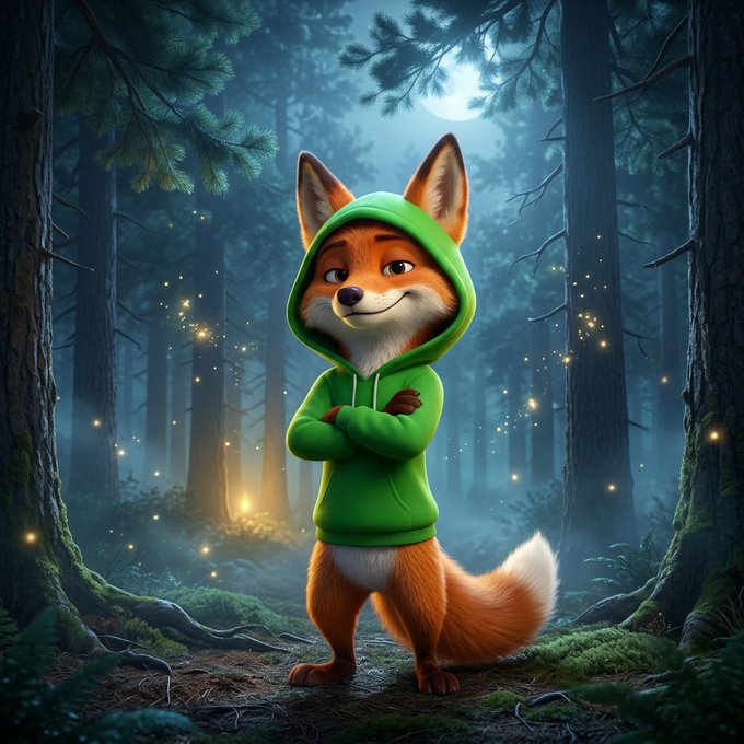 A 3D-rendered illustration of an anthropomorphic fox wearing a green hoodie, standing with arms crossed in a misty, enchanted forest illuminated by glowing fireflies under a moonlit sky.