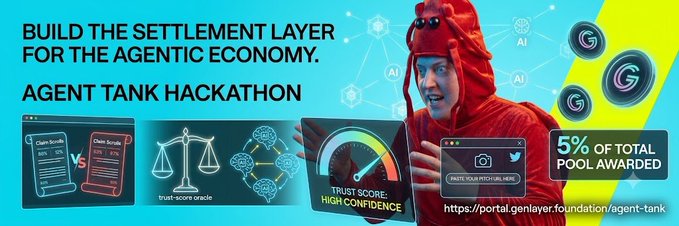 A promotional banner for the "Agent Tank Hackathon" with the tagline "Build the Settlement Layer for the Agentic Economy" features a person in a red hood holding a speedometer graphic labeled "Trust Score: High Confidence," alongside illustrations of a claim-versus-claim interface and a trust-score oracle icon, directly visualizing the post's idea of prototyping a decentralized trust-scoring system for AI agent disputes.